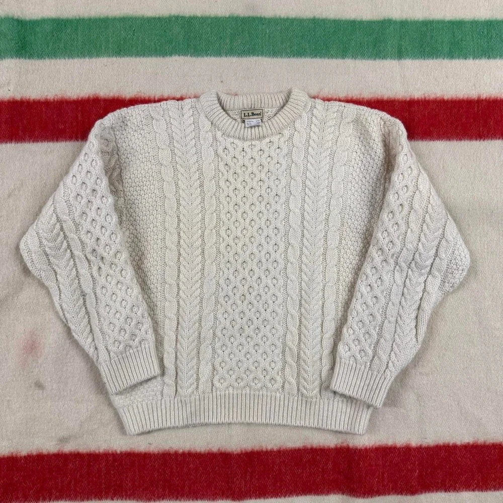 Vintage 80s LL Bean Cream Cable Knit Wool Sweater Mens Medium Ireland Fisherman